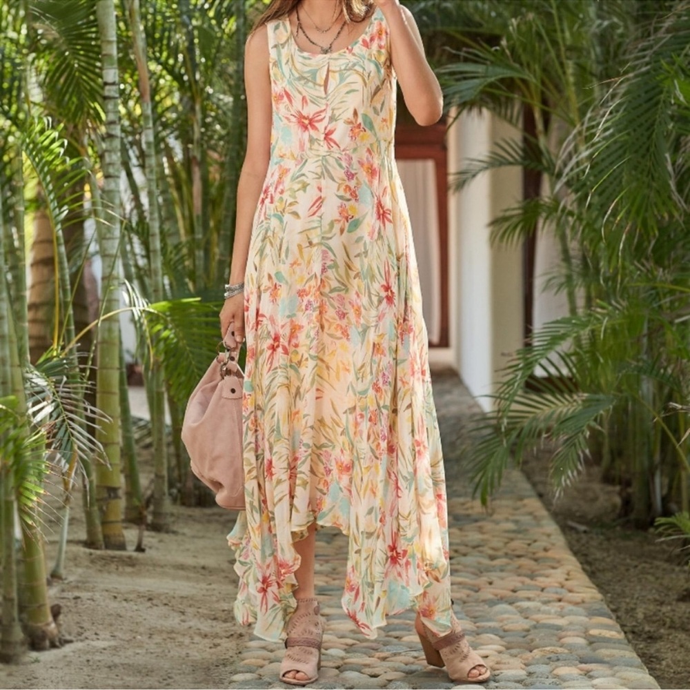 Sundance Natural World Sleeveless Botanical Long High Low Floral Dress Yellow 10